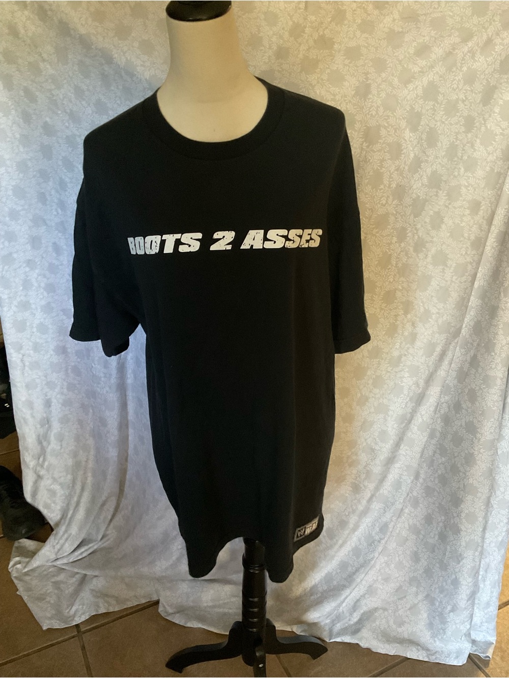 WWE Black Short Sleeve Graphic Tee with White 'Boots 2 Asses' Print